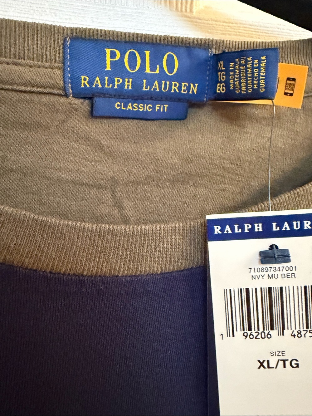 Polo by Ralph Lauren Men’s Navy Tee with Orange & Yellow Sleeves - Picture 3 of 7
